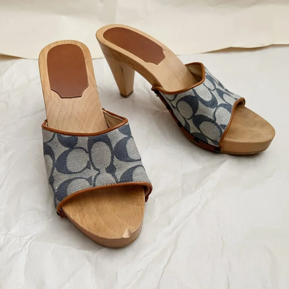 Coach Brenda Logo Wooden Platform Heeled Sandals Sz 7 Blue Made in Italy - Picture 9 of 12